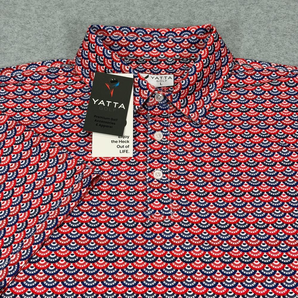 Yatta Golf Polo Shirt Mens Large L Flag & Fan Patriotic Bunting Stretch NWT